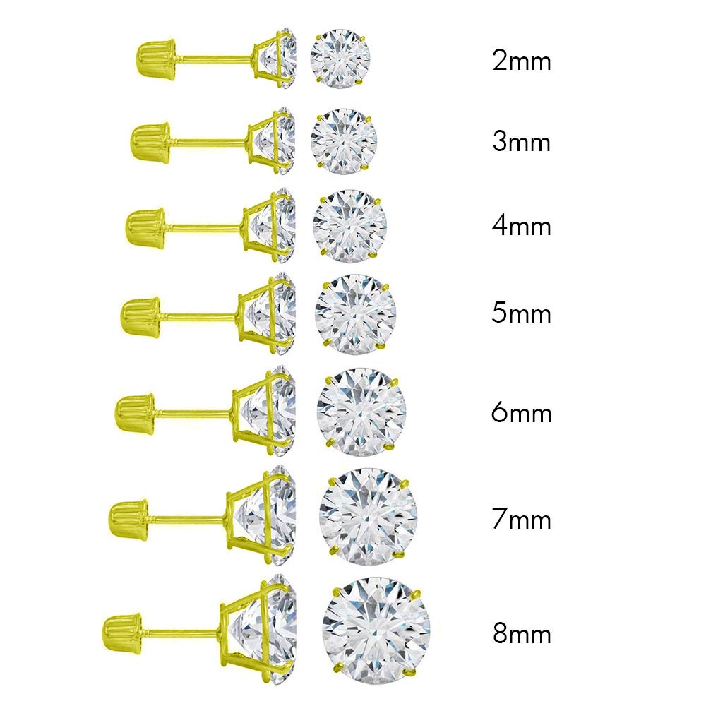 (Pack of 12)14K Yellow Gold Round Cubic Zirconia Stud Earring Set on High Quality Prong SettingAnd Screw Back Post